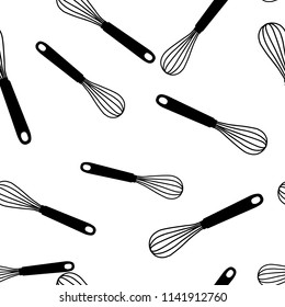 Seamless pattern with black hand drawn whisk kitchen utensil. Egg beater graphic emblem on a white background. Culinary symbol. Vector illustration