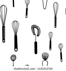 Seamless pattern with black hand drawn whisk kitchen utensil. Egg beater graphic emblem on a white background. Culinary symbol. Vector illustration