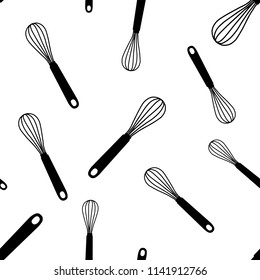 Seamless pattern with black hand drawn whisk kitchen utensil. Egg beater graphic emblem on a white background. Culinary symbol. Vector illustration