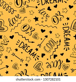 Seamless pattern of black hand drawn lettering and design element