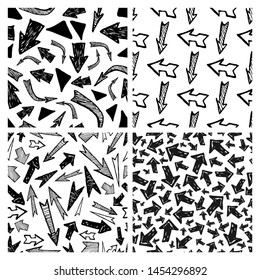 Seamless pattern with black hand drawn arrows. Set of four creative abstract backgrounds. Vector illustration