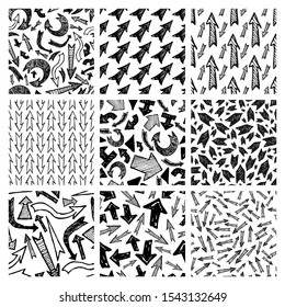Seamless pattern with black hand drawn arrows. Set of nine creative abstract backgrounds. Vector illustration