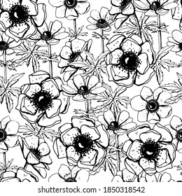 Seamless pattern with black hand drawn anemones. Endless floral texture