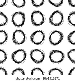 Seamless pattern with black hand drawn pencil scribble ellipse shape sketches on white background. Abstract grunge texture. Vector illustration