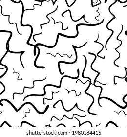 Seamless pattern with black hand drawn doodle wavy lines on white background. Abstract grunge texture. Vector illustration
