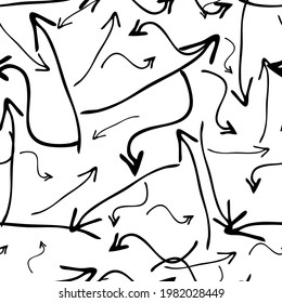 Patrón sin brillo con flechas de doodle dibujadas a mano negra sobre fondo blanco. Textura de grueso abstracto. Ilustración del vector