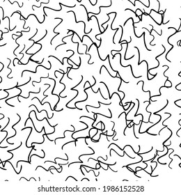 Seamless pattern with black hand drawn doodle wavy lines on white background. Abstract grunge texture. Vector illustration