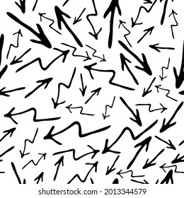 Seamless pattern with black hand drawn doodle arrows on white background. Abstract grunge texture. Vector illustration