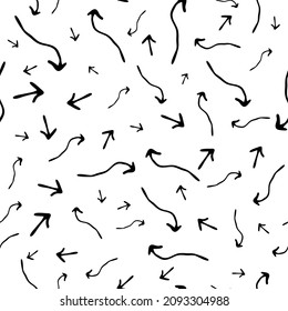 Seamless pattern with black hand drawn doodle arrows on white background. Abstract grunge texture. Vector illustration
