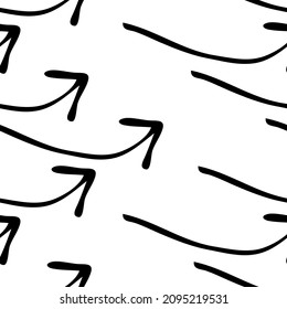 Seamless pattern with black hand drawn doodle arrows on white background. Abstract grunge texture. Vector illustration