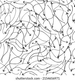 Seamless pattern with black hand drawn doodle arrows on white background. Abstract grunge texture. Vector illustration