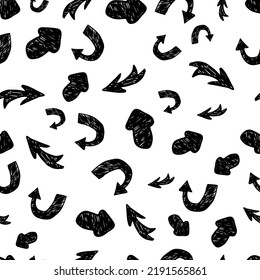 Seamless pattern with black hand drawn arrows on white background. Vector illustration