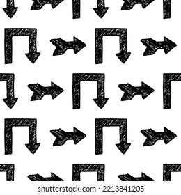 Seamless pattern with black hand drawn arrows on white background. Vector illustration