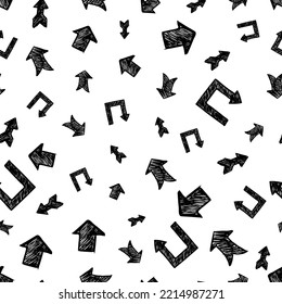 Seamless pattern with black hand drawn arrows on white background. Vector illustration