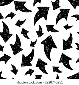 Seamless pattern with black hand drawn arrows on white background. Vector illustration