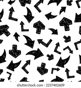 Seamless pattern with black hand drawn arrows on white background. Vector illustration