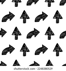 Seamless pattern with black hand drawn arrows on white background. Vector illustration