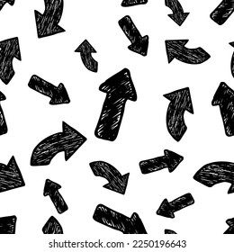 Seamless pattern with black hand drawn arrows on white background. Vector illustration