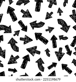 Seamless pattern with black hand drawn arrows on white background. Vector illustration