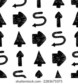 Patrón sin brillo con flechas dibujadas a mano negra sobre fondo blanco. Ilustración del vector