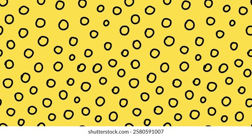 Seamless pattern with black hand drawn circles on a yellow background. Minimalist line art design perfect for fabric, wrapping paper, stationery. Stylish repeating pattern. Vector illustration.