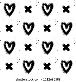 Seamless pattern with black hand-drawn in ink uneven messy hearts and crosses isolated on white background. Doodle style abstract grunge texture.