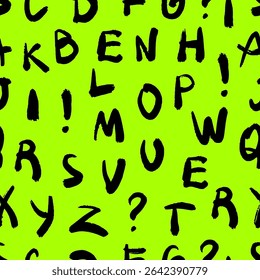 Seamless pattern with black hand-drawn letters, numbers, and punctuation marks on bright green background. Alphabet and typography concept.