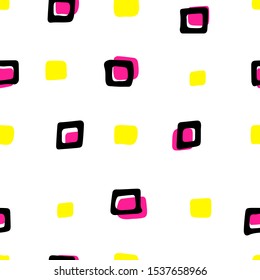 Seamless pattern. Black hand-drawn squares on a white background with yellow and pink accents. Scandinavian cozy Vector illustration with geometric shapes for wallpaper,poster, wrapping paper, textile