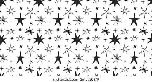 Padrão contínuo com estrelas pretas desenhadas à mão sobre fundo branco. Design moderno para decoração festiva, mágica e celestial. Ilustração vetorial moderna abstrata