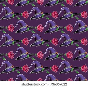 seamless pattern with black hat and a scarlet rose for halloween