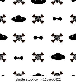 Seamless pattern with black hats, flowers, bow-tie and bones on the white background. Vector illustration