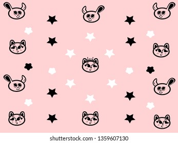 Seamless Pattern of Black Heads of Cats and Mouse on Pink Background. Animal silhouette. Wallpaper and fabric textile design and decor. - Vector