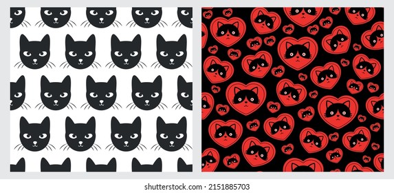 Seamless Pattern of Black Heads of Cats on black Background. Vector illustration. Animal silhouette. Wallpaper and fabric design and decor.