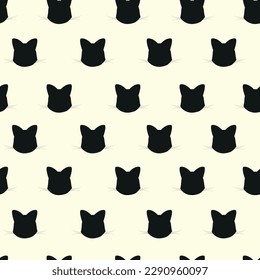 Seamless pattern of black heads of cats on a yellow background. Animal silhouettes. Design and decoration of wallpapers and fabrics.