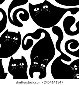 Seamless Pattern of Black Heads of Cats on Pink Background. Vector illustration. Animal silhouette. Wallpaper and fabric design and decor.