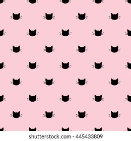 Seamless Pattern of Black Heads of Cats on Pink Background. Vector illustration. Animal silhouette. Wallpaper and fabric design and decor. 