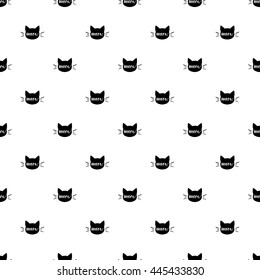 Seamless pattern of black heads of Cats with hand lettering Meow on white background. Vector illustration. Art Wallpaper and fabric design and decor. Animal silhouette. 