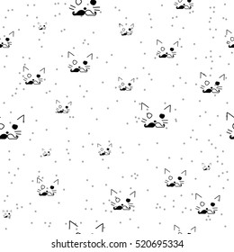Seamless pattern of black heads of cats on white background. Vector illustration.Seamless pattern with hand drawn cats