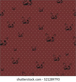 Seamless pattern of black heads of funny cats on vintage background. Vector illustration.Seamless pattern with hand drawn cats.dots