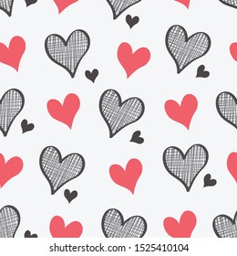 Seamless pattern of black heart doodles and red hearts.