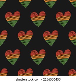 Seamless pattern with Black heart with textured stripes in traditional African colors - red, yellow, green. Vector background for Juneteenth, Kwanzaa, Black History month