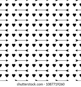 Seamless pattern with the black hearts and arrows. Vector illustration