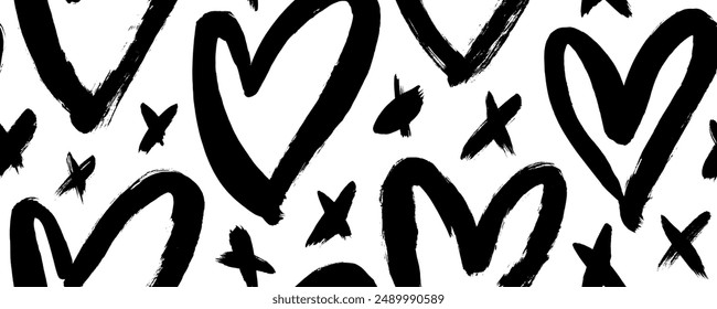 Seamless pattern with black hearts and brush drawn crosses. Romantic banner background for Valentine's day, weddings, invitations, wrapping paper. Hand drawn love elements.