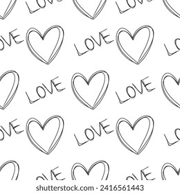 Patrón sin brillo con corazones negros y amor de palabra escrita a mano aislado en fondo blanco. Dibujo vectorial dibujado a mano en el contorno grabado de la vintage del doodle, estilo de arte de línea. Papel de ajuste