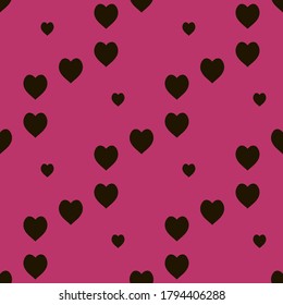 Patrón sin brillo con los corazones negros sobre fondo rosa brillante. Imagen vectorial. 