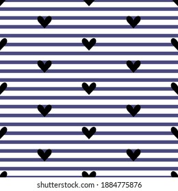 a seamless pattern  with black hearts on striped background. Blue and white stripes. Textile pattern.