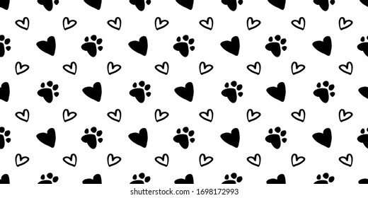 Seamless pattern of black hearts and pet paw silhouette print. Abstract animal wallpaper and fabric design and decor. Illustration isolated on white background. Vector