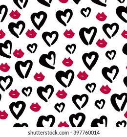 Seamless pattern of black hearts and red lips. Scarlet lips. Heart pattern. Ink illustration. Hand-drawn doodle seamless pattern with hearts and red lips. Seamless background with hearts. 
