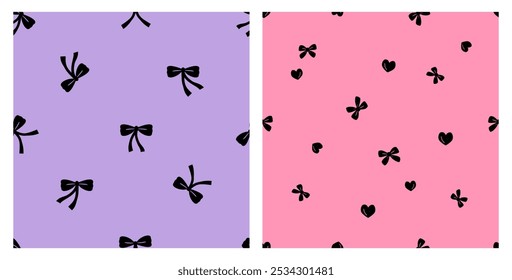 Seamless pattern with black and hearts ribbon bow on purple and pink backgrounds vector.