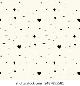 Patrón sin fisuras de corazones negros y destellos. Lindo y creativo Arte vectorial